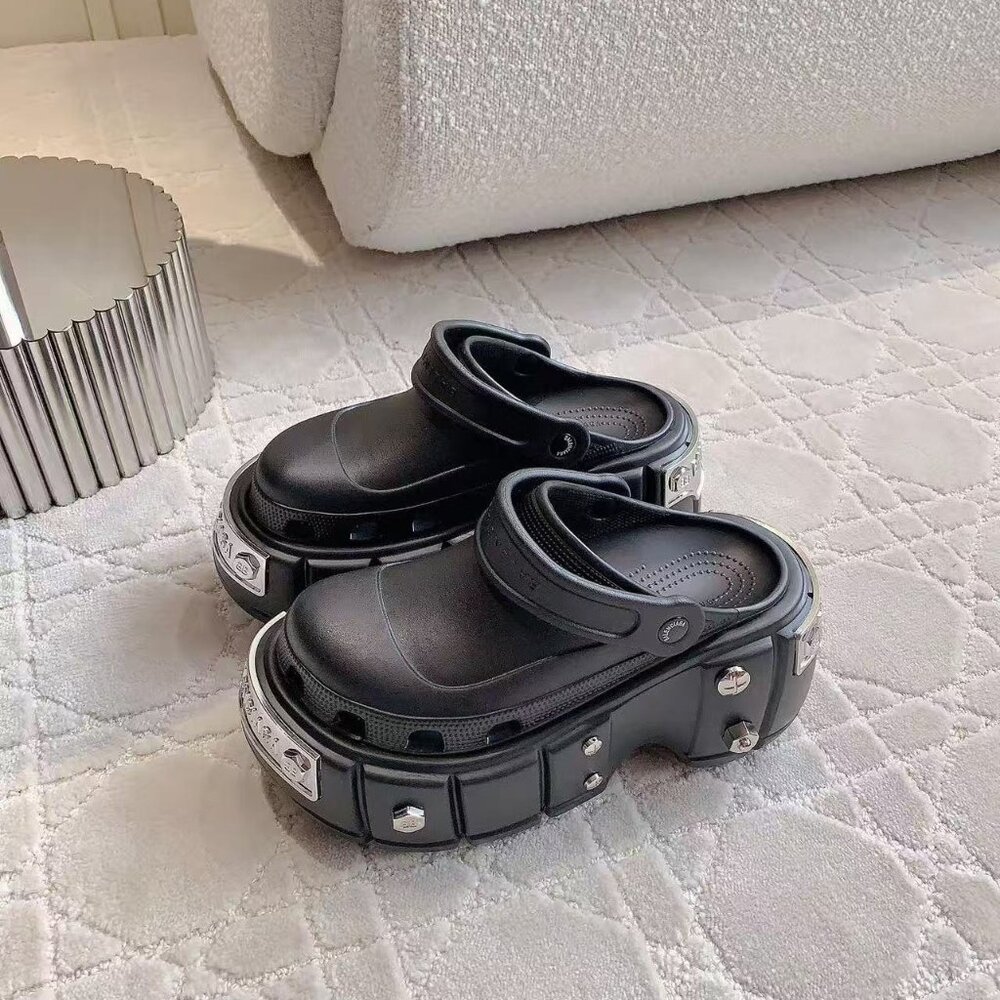 Black Women's Platform Sandals with Studded Trim